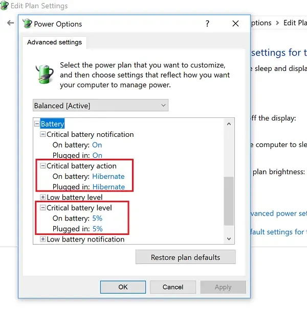 Configuración del plan de energía para la calibración de la batería