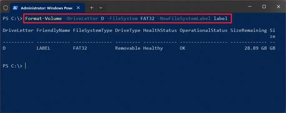 Formato de PowerShell usando FAT32