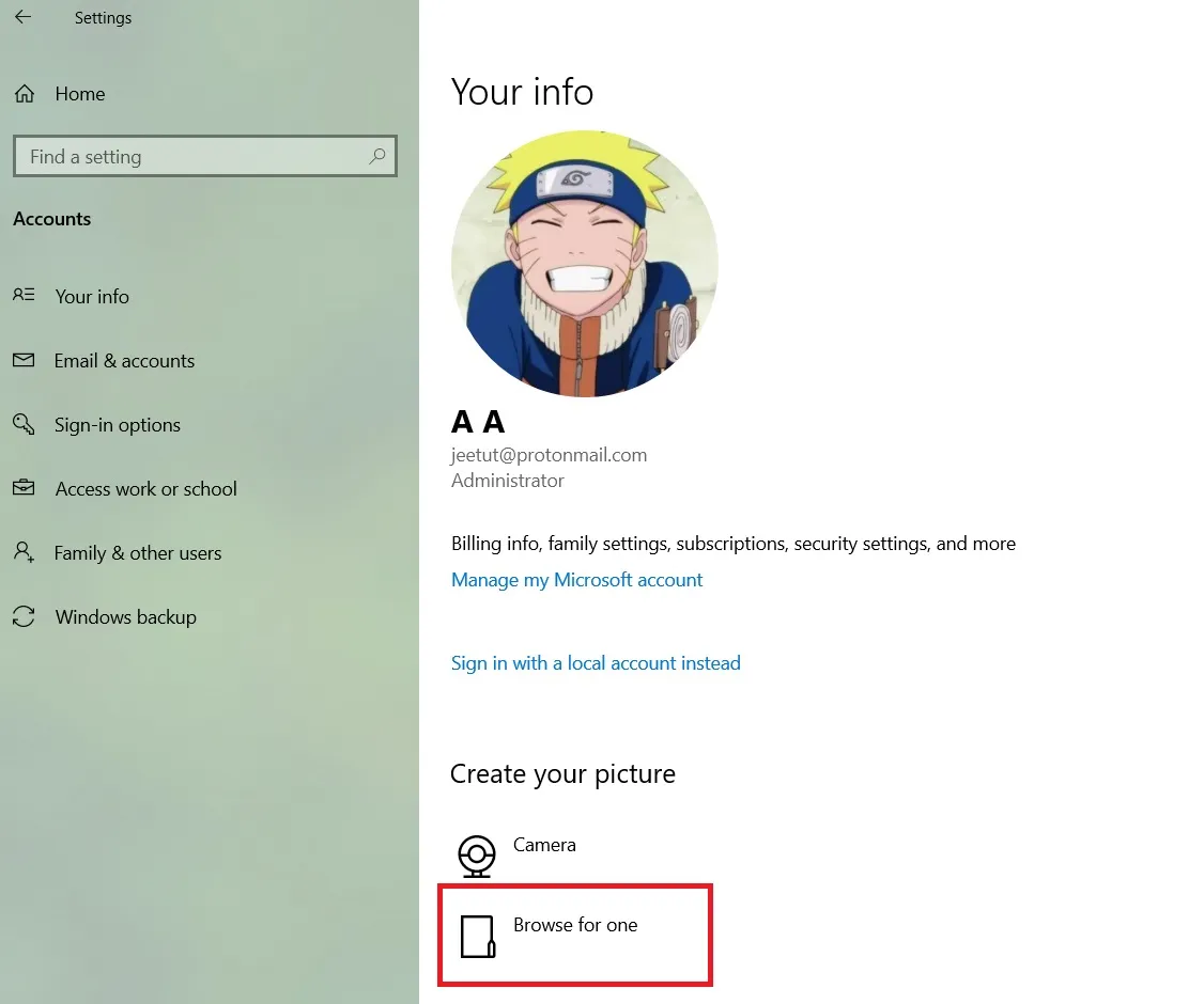 pagina di modifica dell'immagine del profilo nell'app impostazioni windows 10 22h2