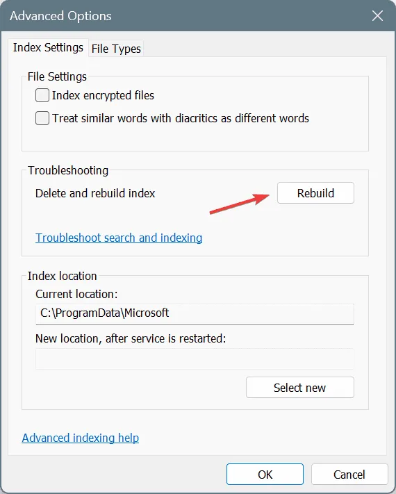 reconstruire l'index pour réparer SearchFilterHost.exe