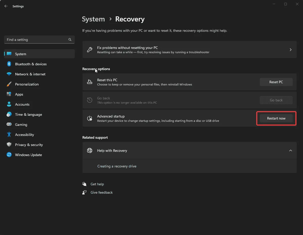 Herstel Geavanceerd opstarten - SI_DISK_DRIVER_INTERNAL