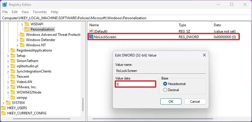 Désactiver le registre de l'écran de verrouillage de Windows 11
