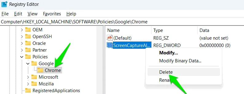 Usuwanie zasad Chrome za pomocą rejestru systemu Windows