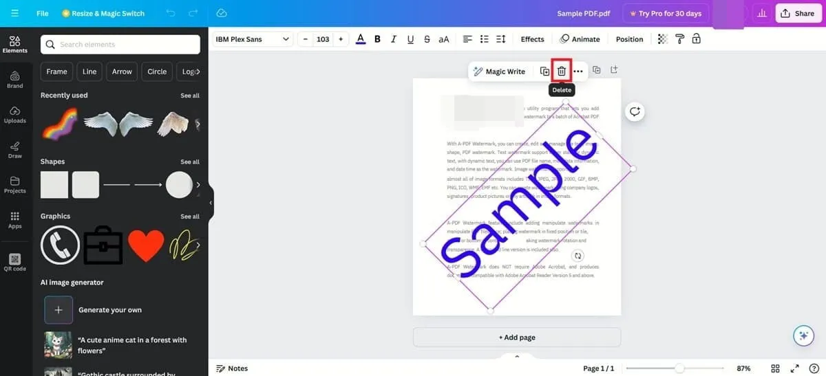 使用 Canva 從 PDF 中移除浮水印。