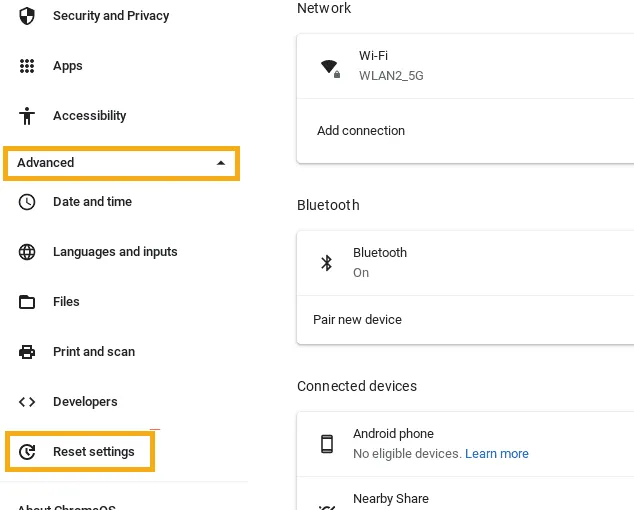 réinitialiser les paramètres du chromebook