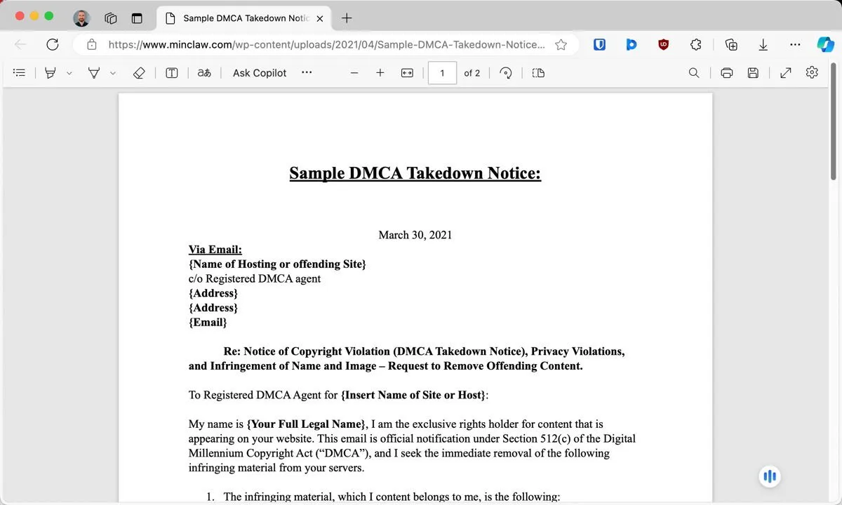 Dmca 削除通知のサンプル