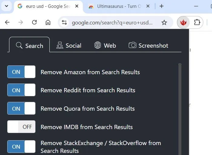 Ultimasaurus, un'estensione di Chrome per rimuovere siti che distraggono come Quora, Reddit e StackExchange dai risultati di ricerca di Google.