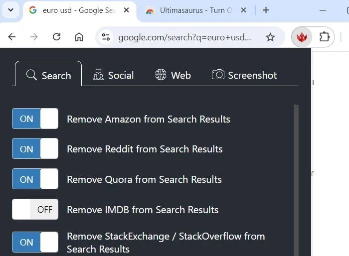 Ultimasaurus, eine Chrome-Erweiterung zum Entfernen störender Websites wie Quora, Reddit und StackExchange aus den Google-Suchergebnissen.