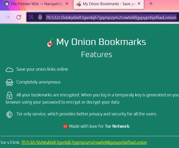 Mis marcadores Onion para guardar sitios web en Tor.