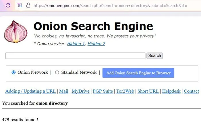 Website van de zoekmachine Onion.