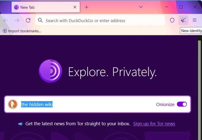 Onionize DuckDuckGo's zoekresultaten in Tor browser. Klik op 'New Identity' om de onionize optie te bekijken.