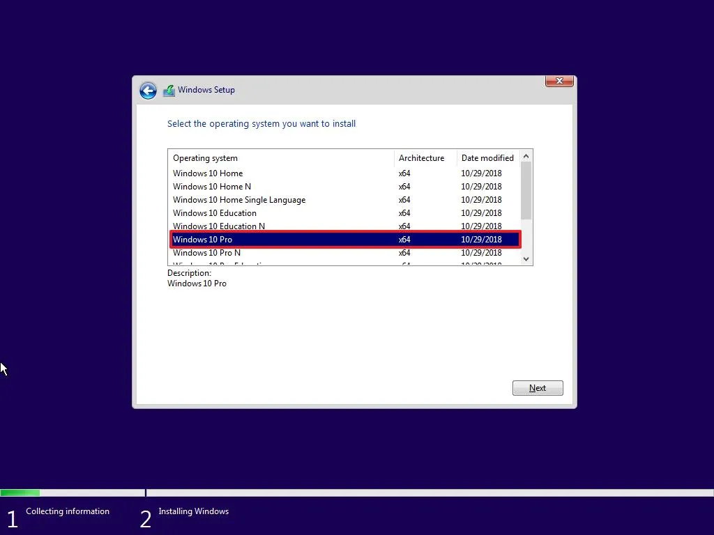 Windows 10 安裝程序，選擇要安裝的版本
