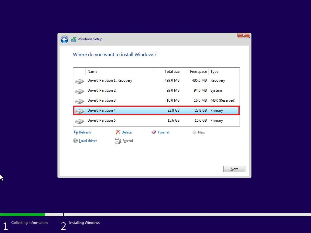 Seleccionar la partición para instalar Windows 10
