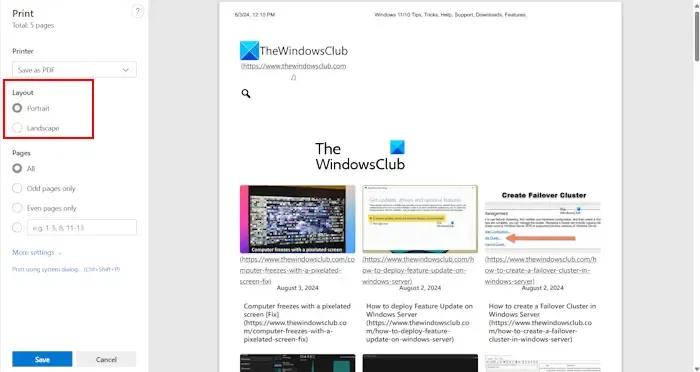 Selecteer Afdrukindeling in Microsoft Edge