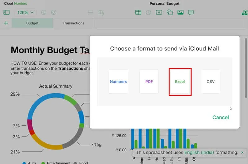 icloud를 통해 보내기 Excel 선택