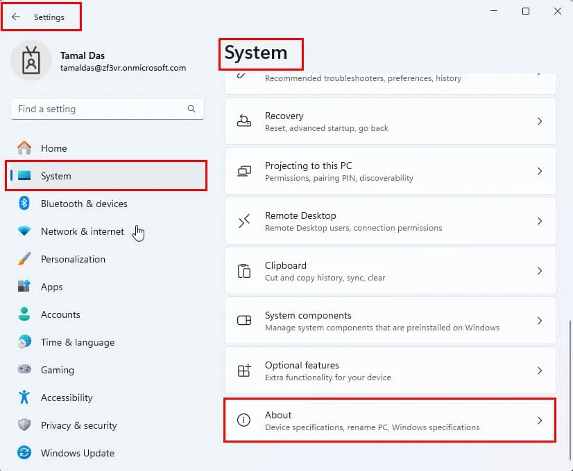 configuración del sistema acerca de