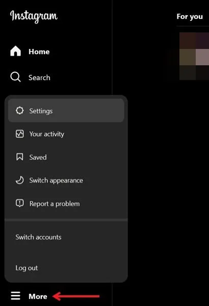 Hacer clic en el botón Más en Instagram en PC.