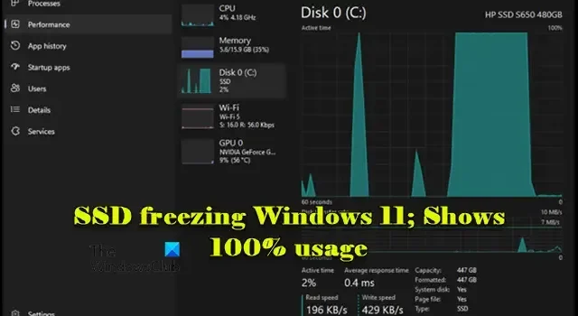 SSD가 Windows 11에서 정지됨; 사용률이 100%로 표시됨