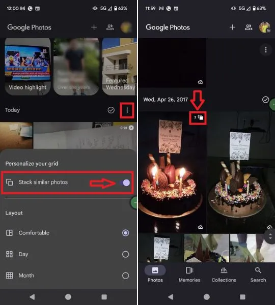 Aktivieren Sie in der Google Fotos-App die Option „Ähnliche Fotos stapeln“. Dadurch werden ähnliche Fotos gruppiert.