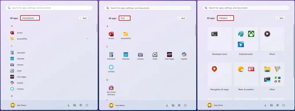 Menu Démarrer Affichage de toutes les catégories d'applications