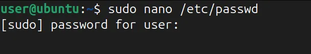 nano テキストエディタを使用して /etc/passwd ファイルを開く