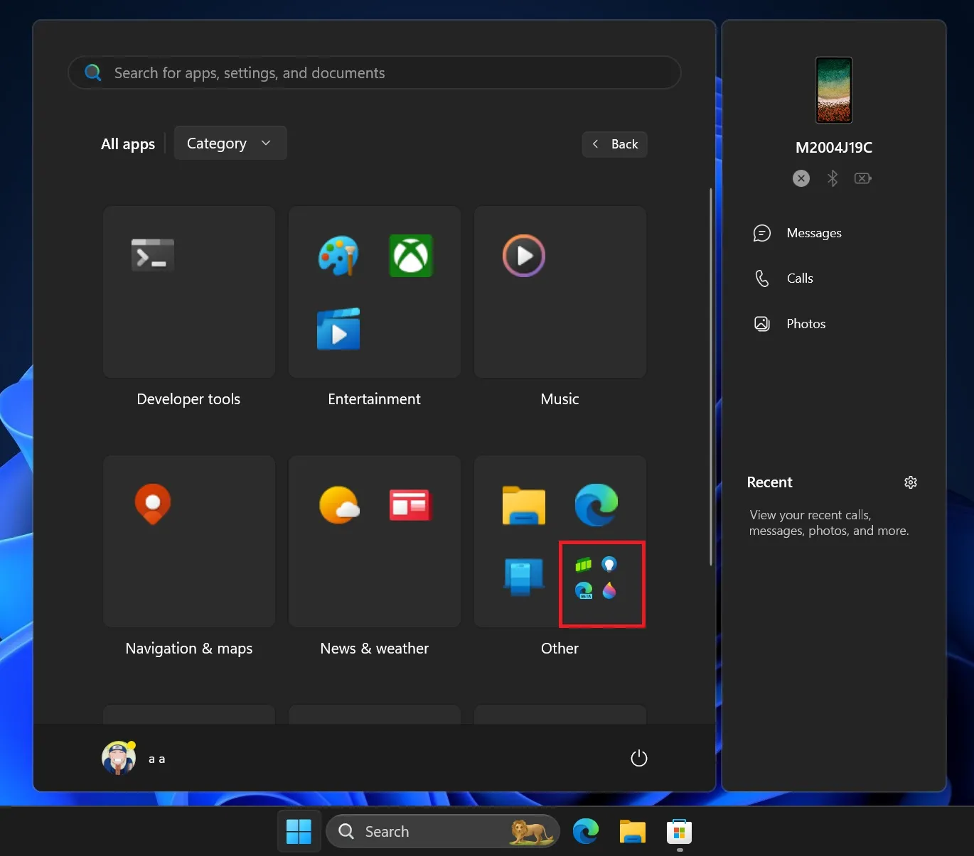 caselle di sottocategoria nel menu di avvio di Windows 11 beta