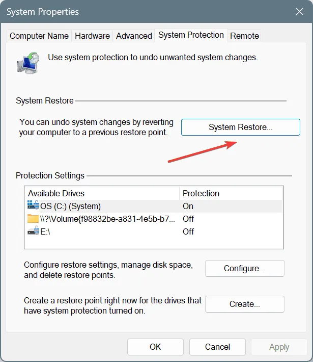 Systemwiederherstellung zum Beheben von SECURITY1_INITIALIZATION_FAILED