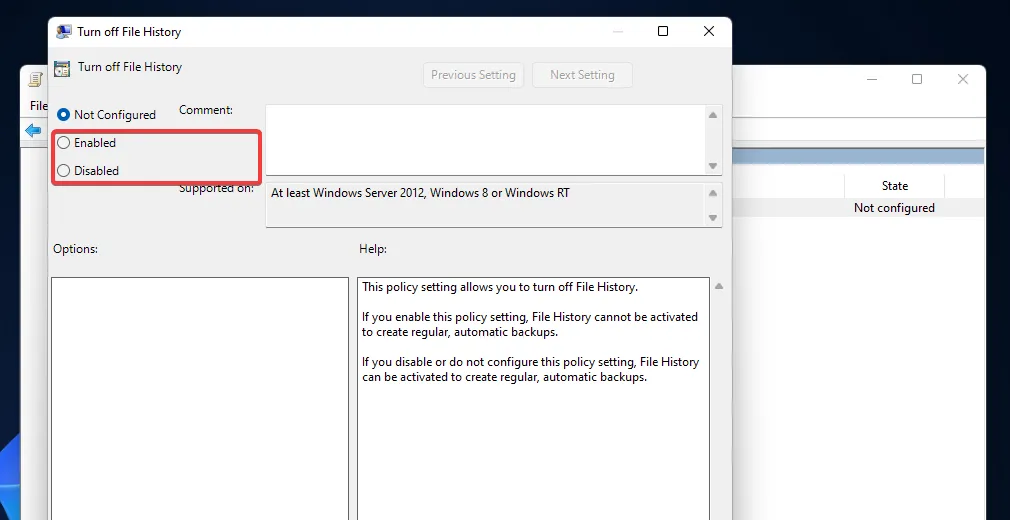 Las opciones Habilitadas y Deshabilitadas del historial de archivos de Windows 11