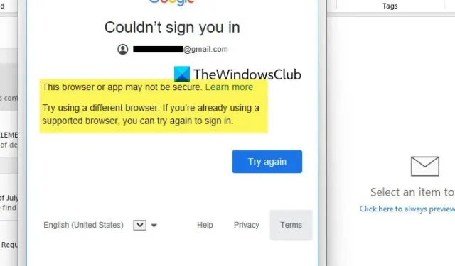 Kan Gmail niet toevoegen aan Outlook: Deze browser of app is mogelijk niet veilig