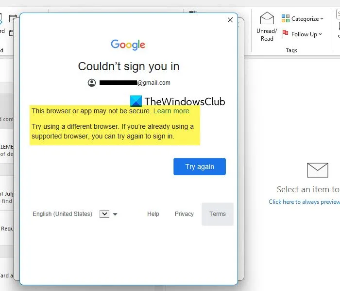 無法將 Gmail 新增至 Outlook：此瀏覽器或應用程式可能不安全