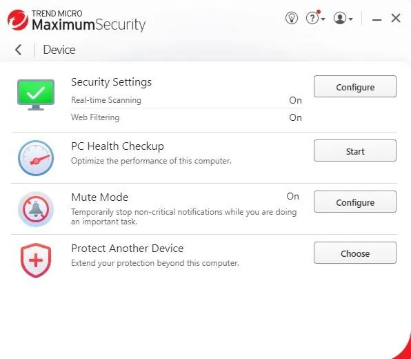 トレンドマイクロの「Maximum Security Device」タブ。