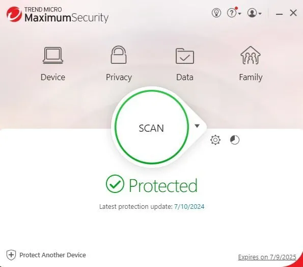 デスクトップ上の Trend Micro Premium Security メイン ダッシュボード ウィンドウ。