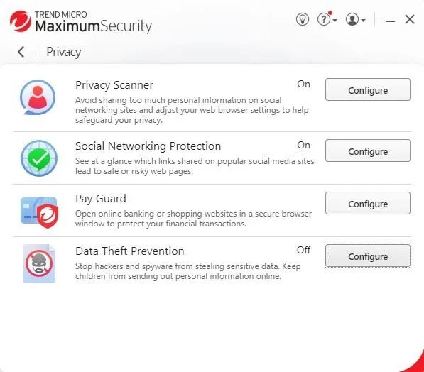 Trend Micro Premium Security のプライバシー タブ。