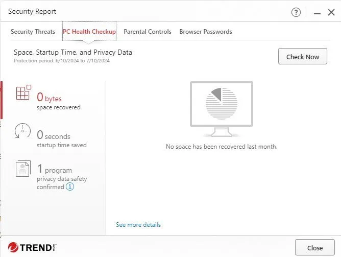 Het beveiligingsrapport van Trend Micro toont de PC Health Check.