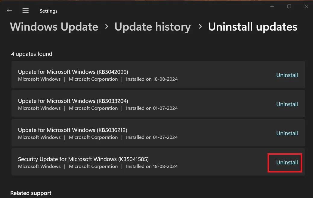 Deinstallieren Sie das August-Sicherheitsupdate für Windows 11