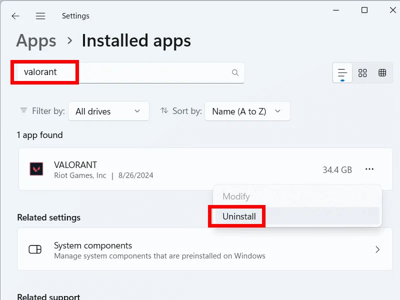 Desinstalar Valorant desde la configuración