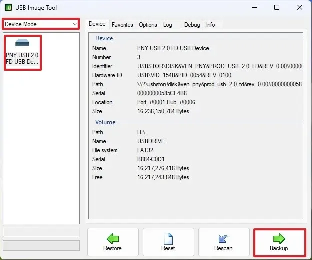 Opción de copia de seguridad de la herramienta de imagen USB