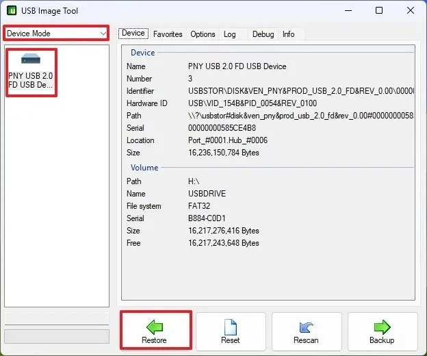 Hersteloptie USB Image Tool