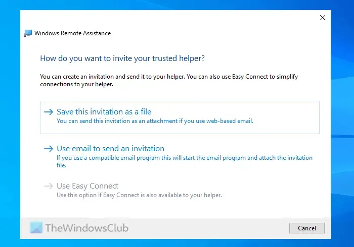 La opción Usar el correo electrónico para enviar una invitación aparece atenuada en la Asistencia remota de Windows