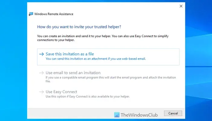 La opción Usar el correo electrónico para enviar una invitación aparece atenuada en la Asistencia remota de Windows