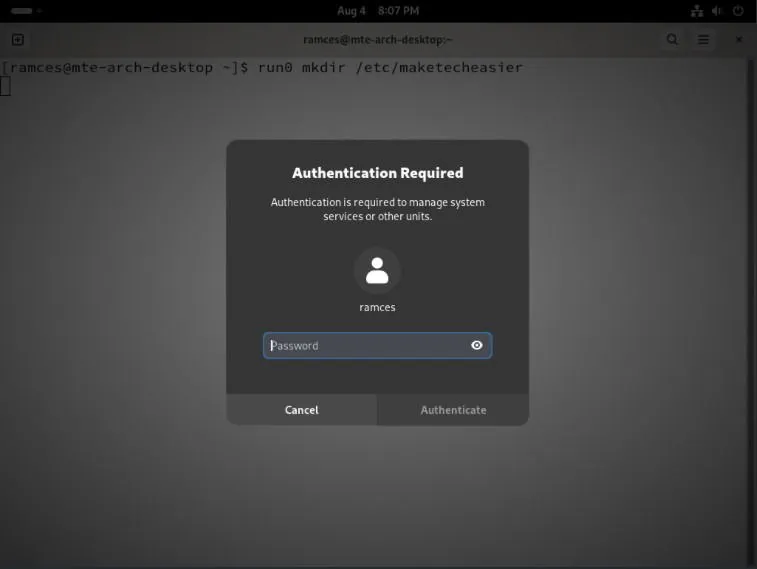 Uno screenshot che mostra la richiesta di password per Run0.