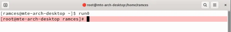 Un terminale che mostra la shell root da un prompt Run0.