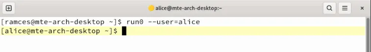 Un terminale che mostra il prompt Run0 per un utente non root.