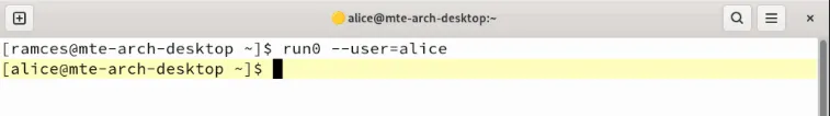 Terminal pokazujący monit Run0 dla użytkownika innego niż root.