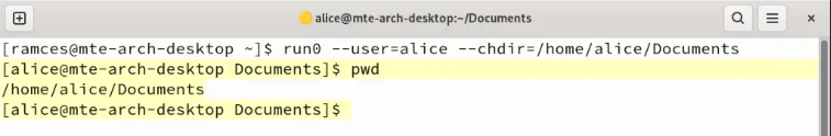 Ein Terminal, das den automatischen Verzeichniswechsel beim Wechsel in die Shell eines anderen Benutzers zeigt.