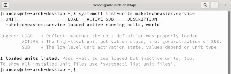 Un terminal affichant les détails de l'unité Systemd personnalisée.