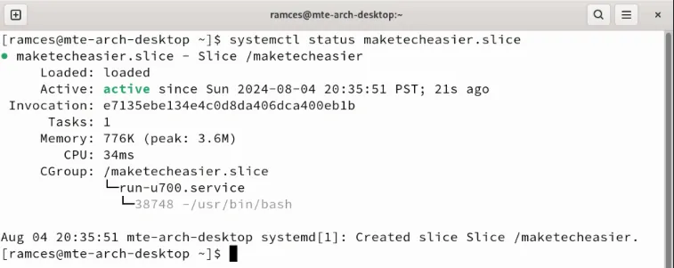 Een terminal met de details van de aangepaste Systemd-slice.