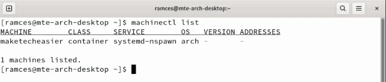 Een terminal met een lijst van de beschikbare Systemd-nspawn containers.