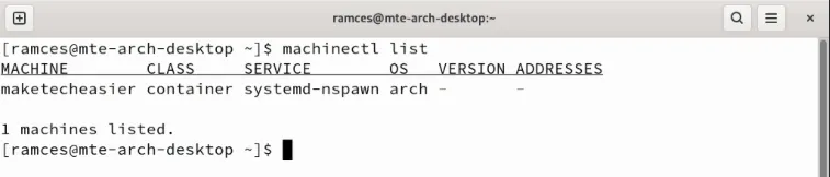 사용 가능한 Systemd-nspawn 컨테이너 목록을 보여주는 터미널입니다.