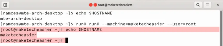 Ein Terminal, das den Vorgang des Wechsels vom lokalen System zum Systemd-nspawn-Container zeigt.